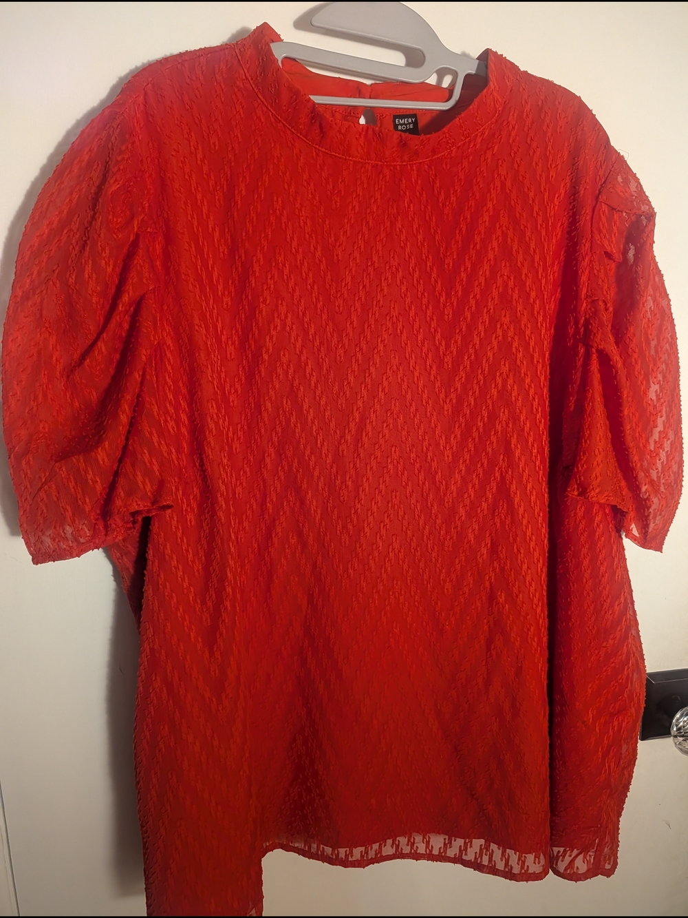 Plus Size Women's Sheer Red Ligtweight Cascading Ruffle Sleeved Blouse